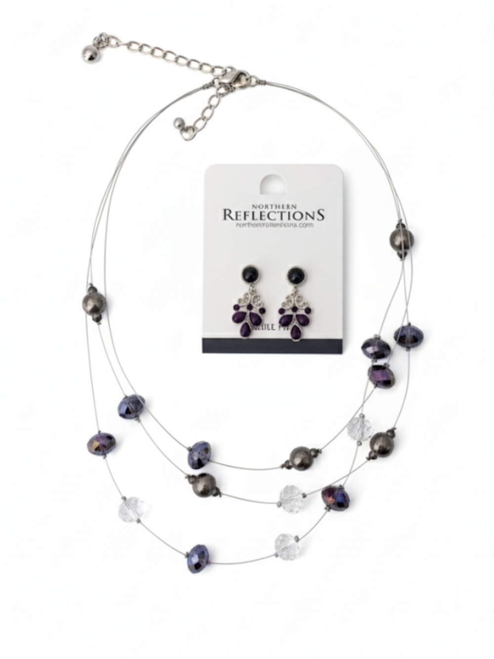 Northern Reflections Purple Crystal Layered Illusion Necklace & Earring Set NWT